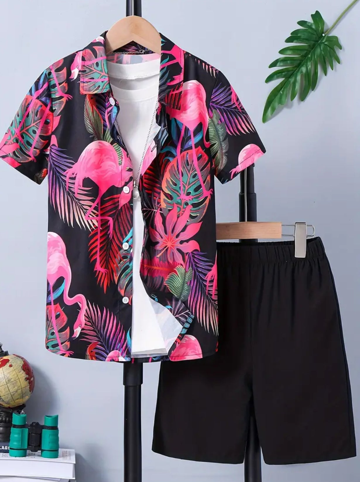 Tropical Flamingo, Short Sleeve Lapel Shirt & Shorts Set