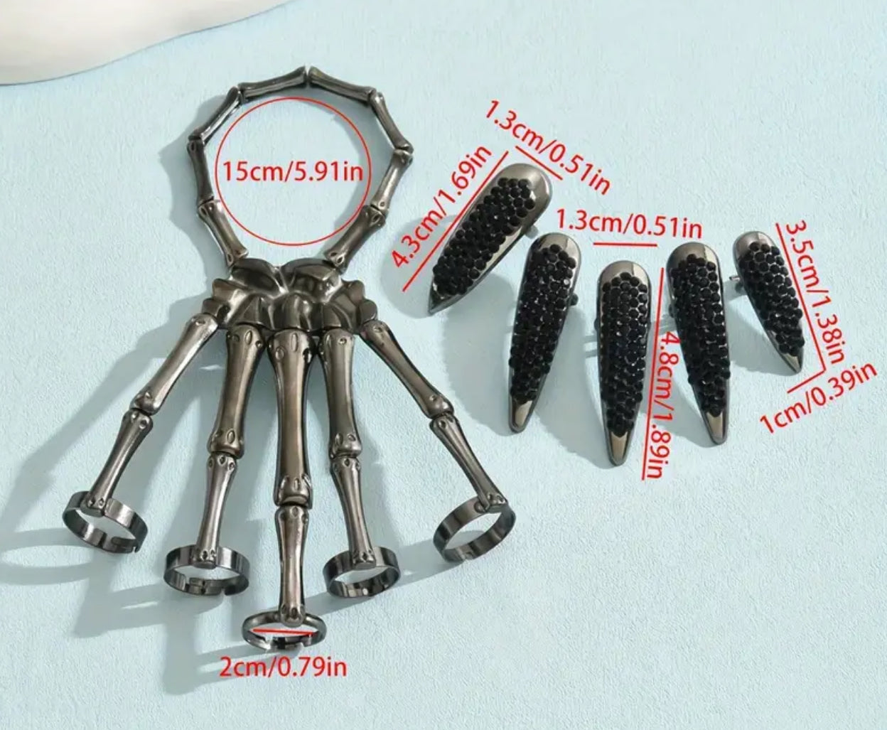 “Jack 💀” Vintage Punk Skeleton Hand Ring Set, Rhinestone Studded Talon Nail Covers, Zinc Alloy Plated, Adjustable Jewelry