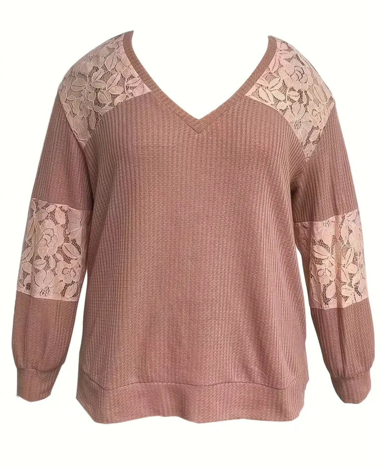 Plus Size, Contrast Lace Long Sleeve, V Neck Slight Stretch Top