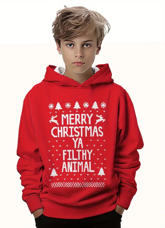 Boys Casual Long-sleeved Hoodie, “Filthy Animal” Printing, Christmas Theme,  Fashionable Novelty