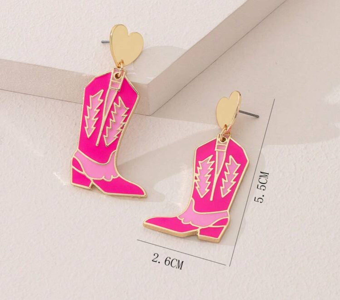 Bohemian Boot Shape Dangle Earrings With Pink Design, Alloy Gold Heart