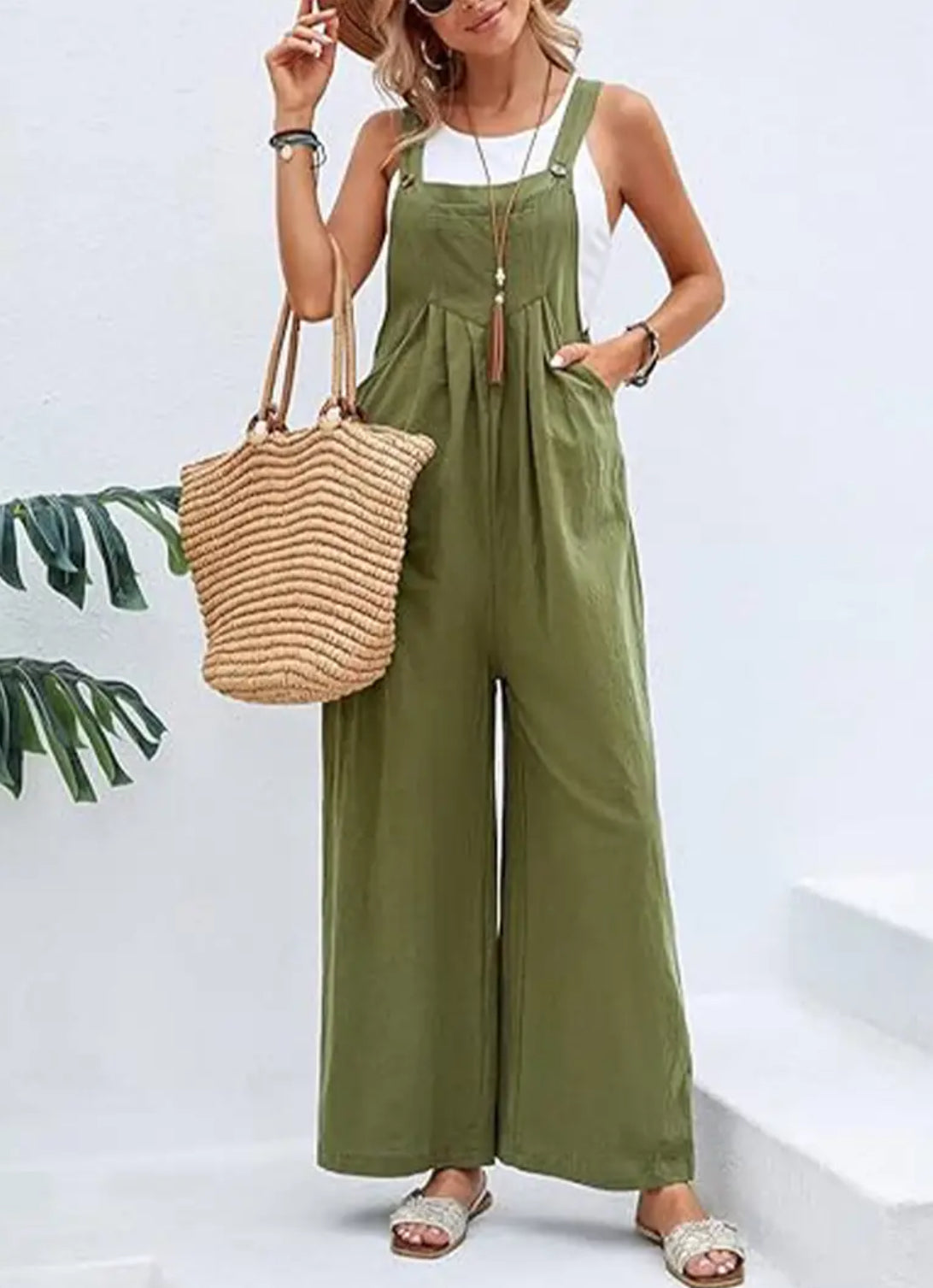 Casual Mid Waist + Pockets, Sexy Backless Full Length, Loose Wide Leg, Jumpsuit