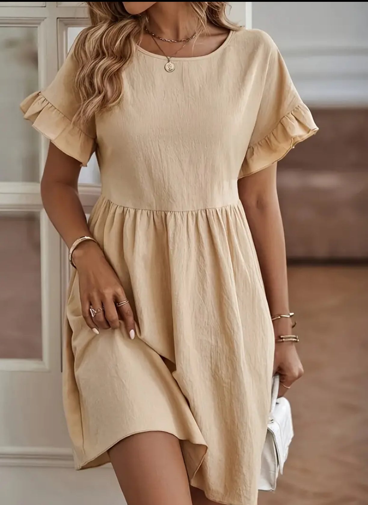 Women's Solid Ruffle Hem Short Sleeve A-line Dress