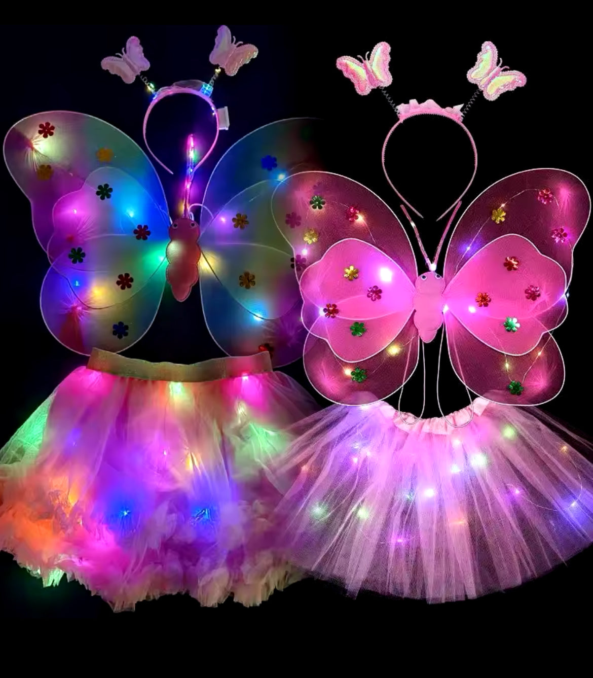 Girl's LED Fairy Costume Set, Butterfly Wings + Tutu Skirt Headband, Wand, 3Y-14Y