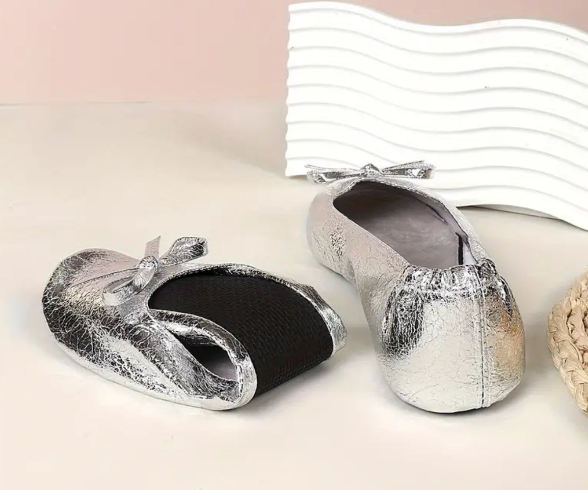 Metallic Pink “Portable Feet Savers” Women's Metallic Flat Shoes, Casual Slip On + Carry Along Bag