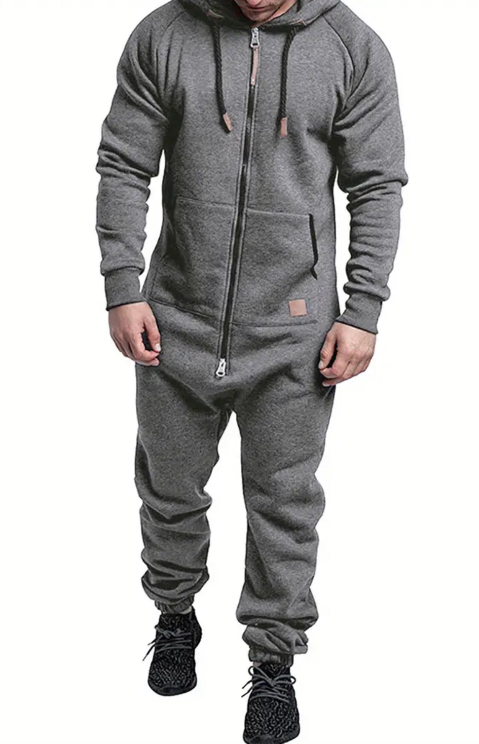 Men'S Hooded Fleece Lining Jumpsuit, Long Sleeve Full Zipper Overalls with Kangaroo Pockets