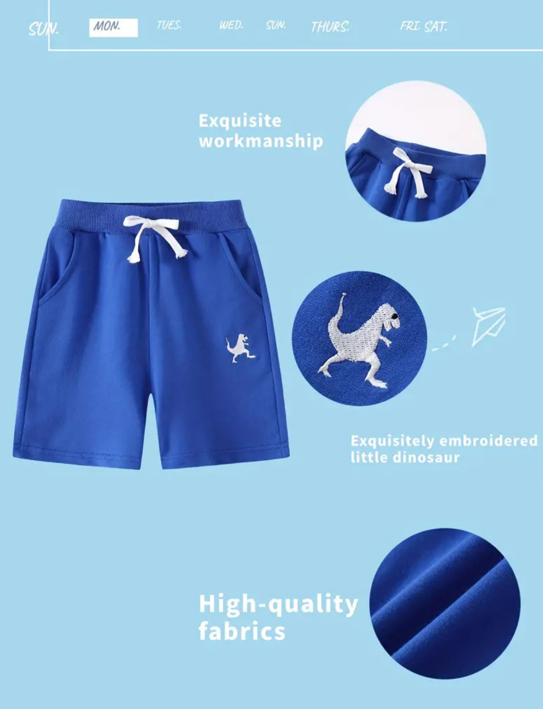 Pantalones cortos deportivos de algodón para niños pequeños con bolsillos: diseño sin cierre y bordado de dinosaurio