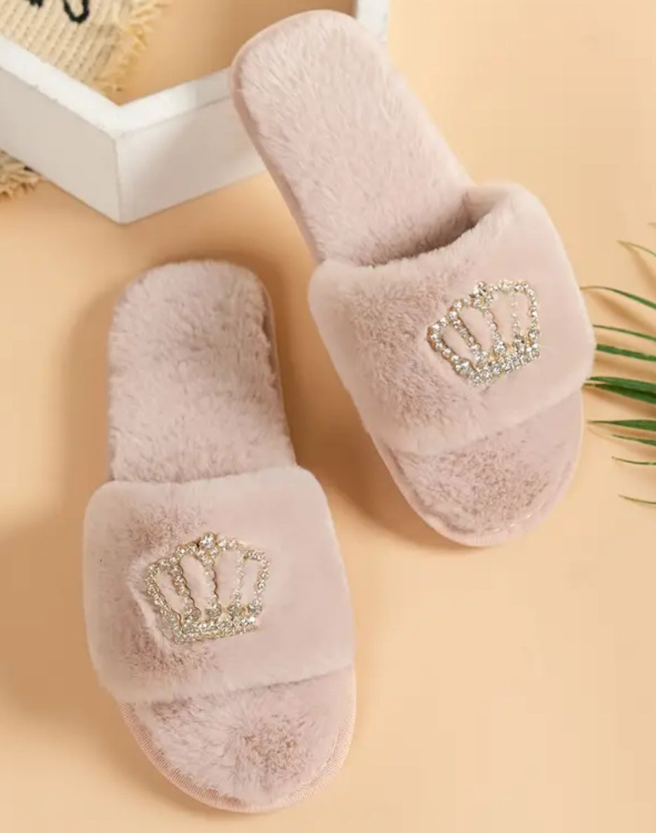 Cozy & Fuzzy “Rhinestone Crown Plush Slippers” Open Toe Soft Sole