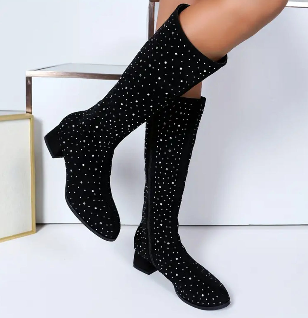 Chic Women's Mid-Calf Boots with Rhinestone Accents