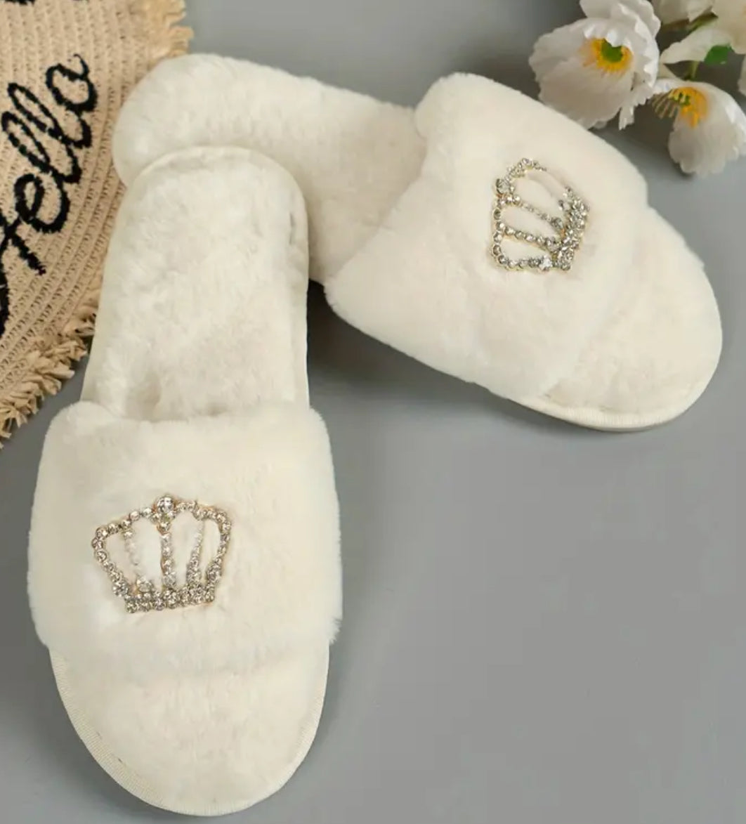 Cozy & Fuzzy “Rhinestone Crown Plush Slippers” Open Toe Soft Sole