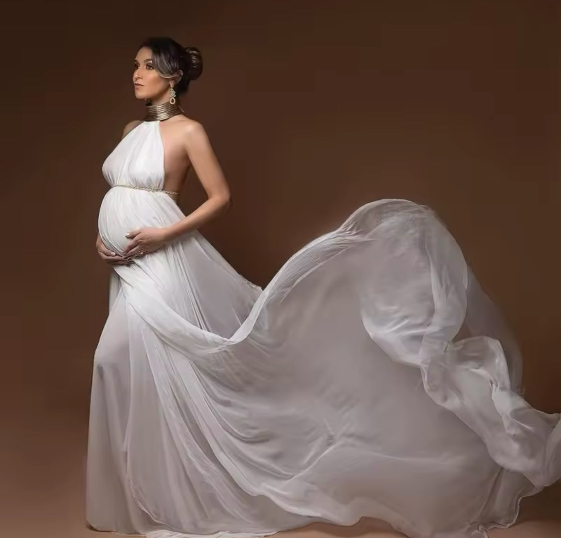 Maternity Photography Elegant White Long Dresses & Gold Leather Accessories