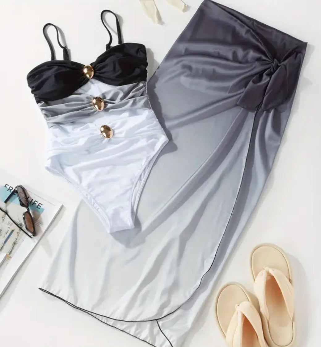 Fashionable Gradient Color One-Piece Swimsuit, Round Buckle Design + Slimming Long Skirt, Up to 2XL