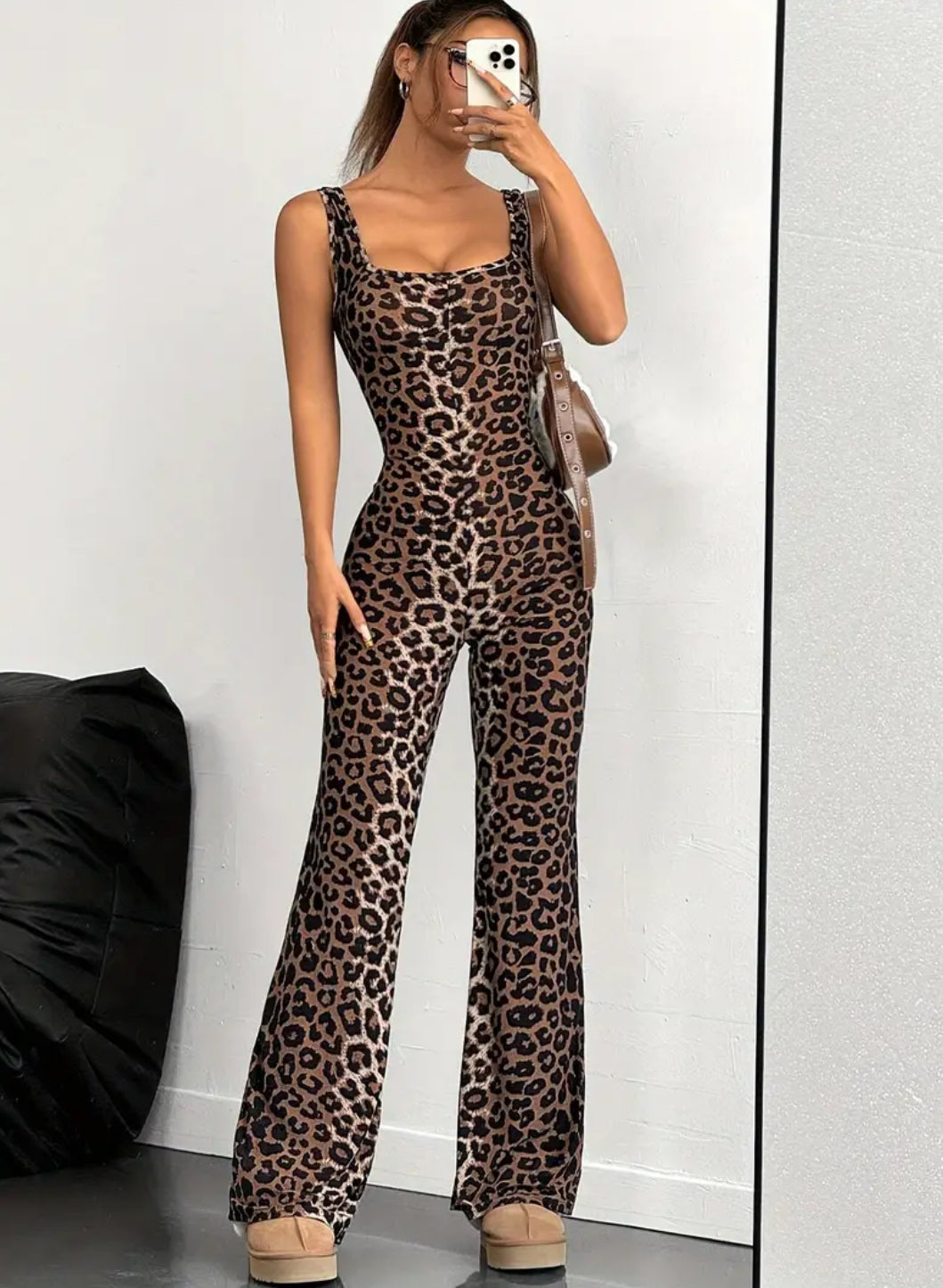 Leopard Print Sleeveless Jumpsuit, Sexy Square Neckline, Long Pants pants