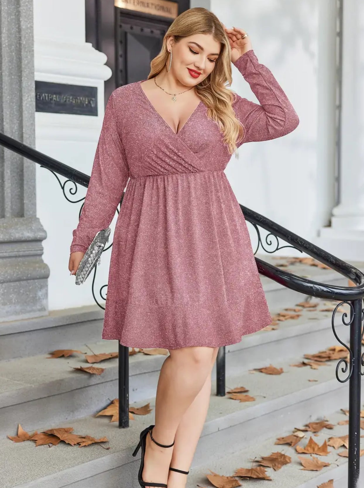 ELESOL  Plus Size Womens Glitter Dress V Neck Long Sleeve Ruffle Hem Swing Club Cocktail Party Dresses