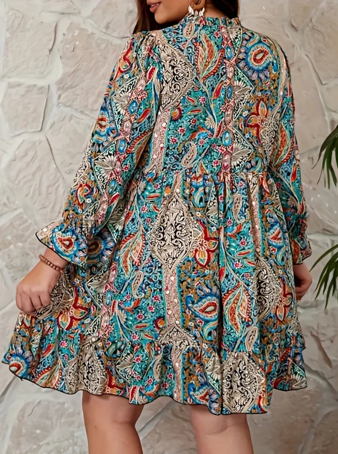 Women's Plus Size Boho Paisley Print Flounce Sleeve Tie Neck Ruffle Hem Dress with Slight Stretch