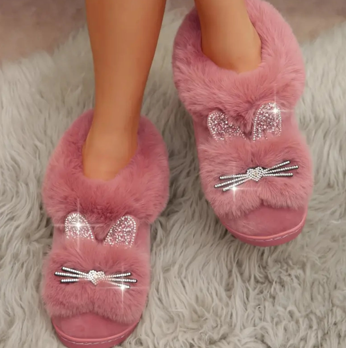 Rhinestone Plush Cat Slippers - Cozy Warm Fluffy Soft Sole Slip-On Fuzzy Home Slippers with Velvet Lining