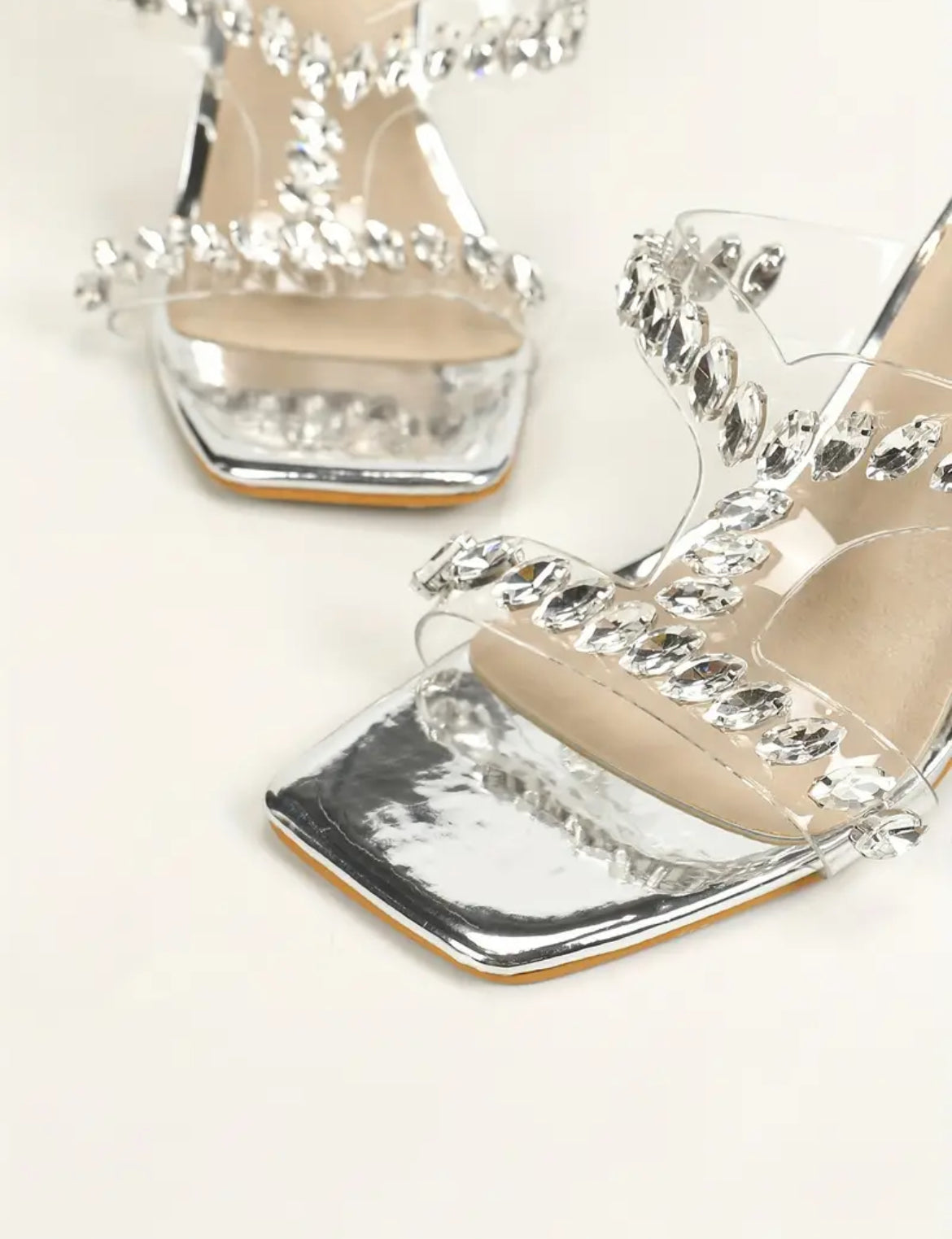 “Fashion Rhinestones” Square Toe Dress Pumps, Stylish Slip On Stiletto Heels