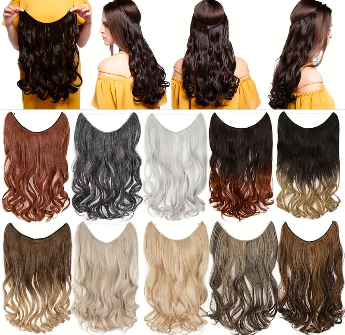 Invisible Hair Extensions, Secret Hidden Wire, Long Wavy Hair Pieces