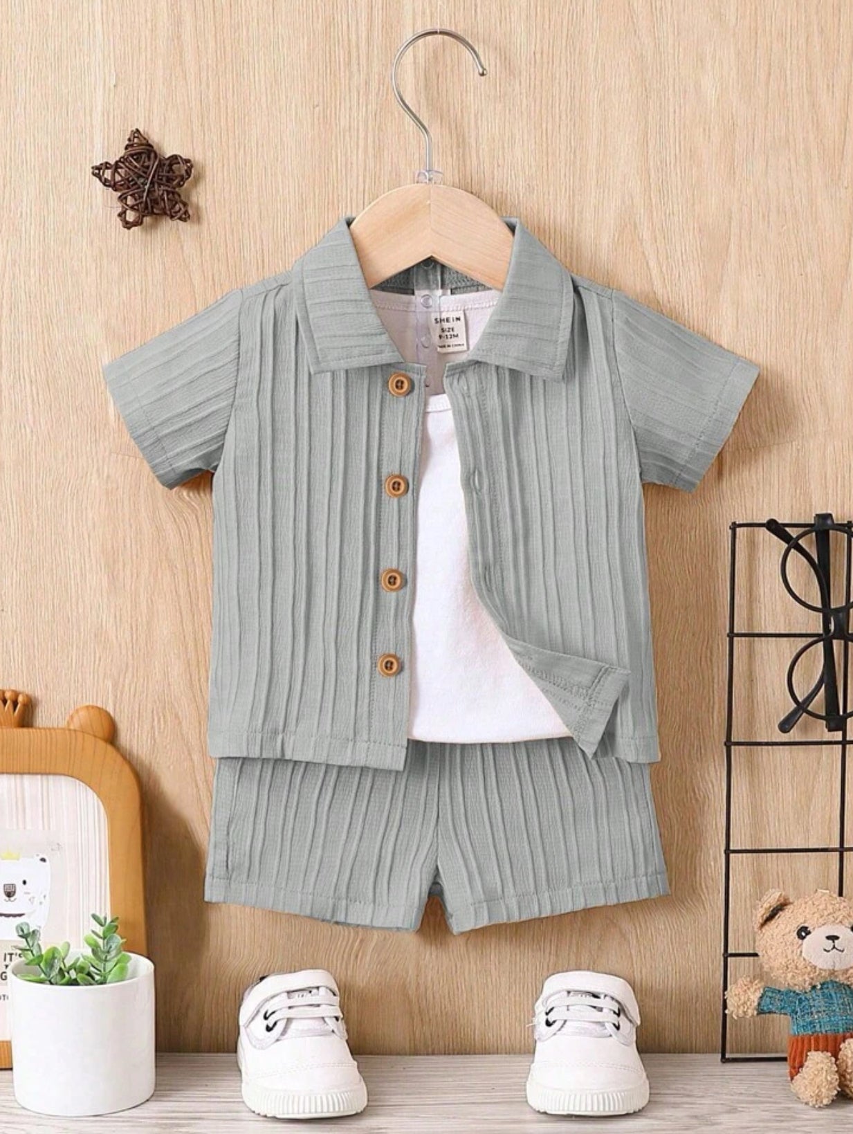 Baby Boy Button Front Shirt & Shorts Without Tee