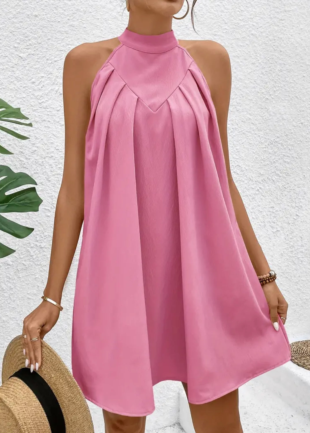 “Pink Bubble Gum” Elegant Mock Neck Sleeveless Loose Dress, Pleated Halter Dress