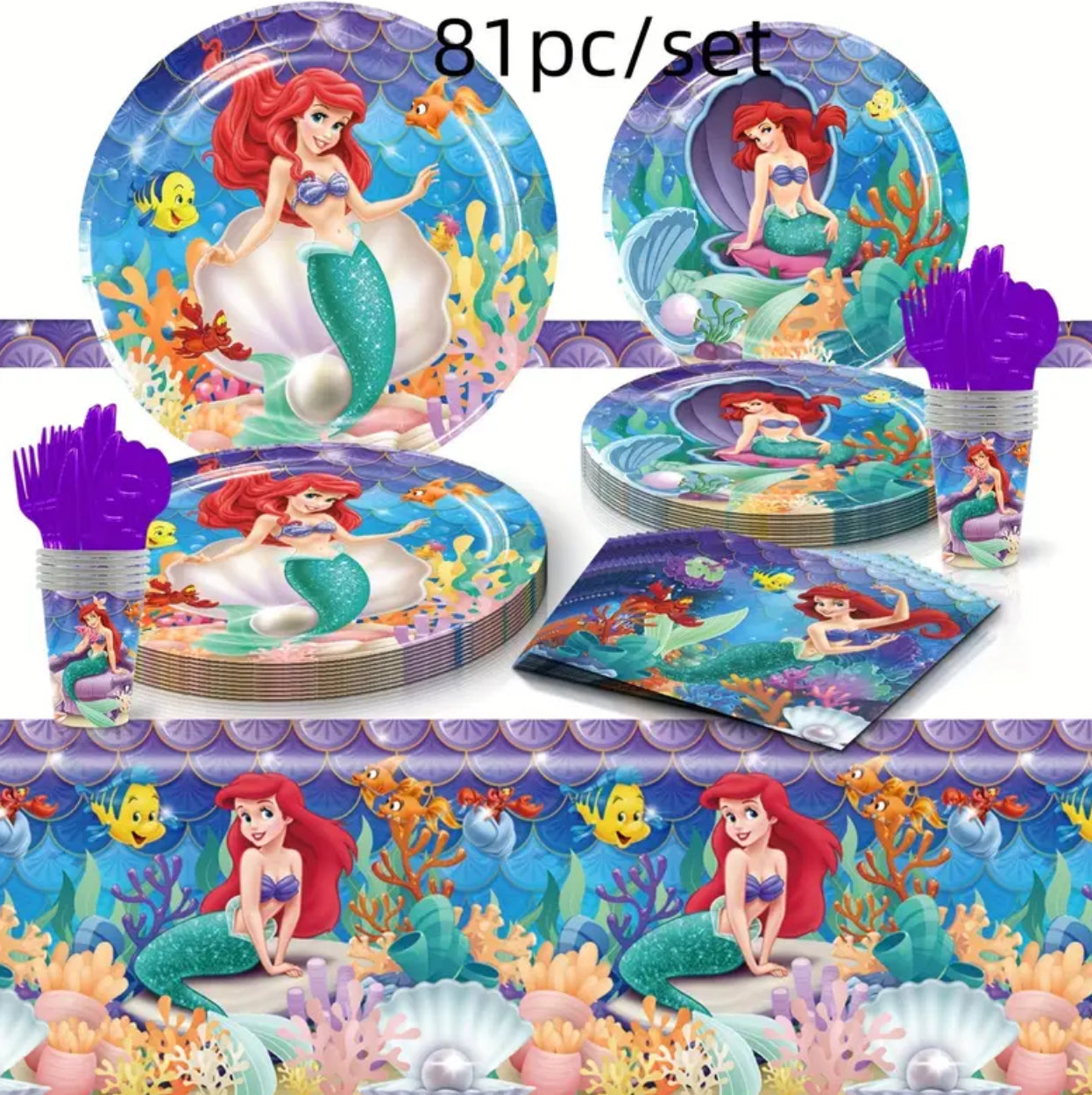 Disney Little Mermaid Princess Party Pack - 81Pc Disposable Tableware Set