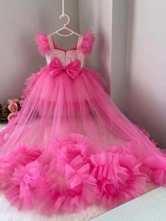 Posh 💞 Girl Princess Dress With Bow Decoration, Sequin, Mesh Tulle Train