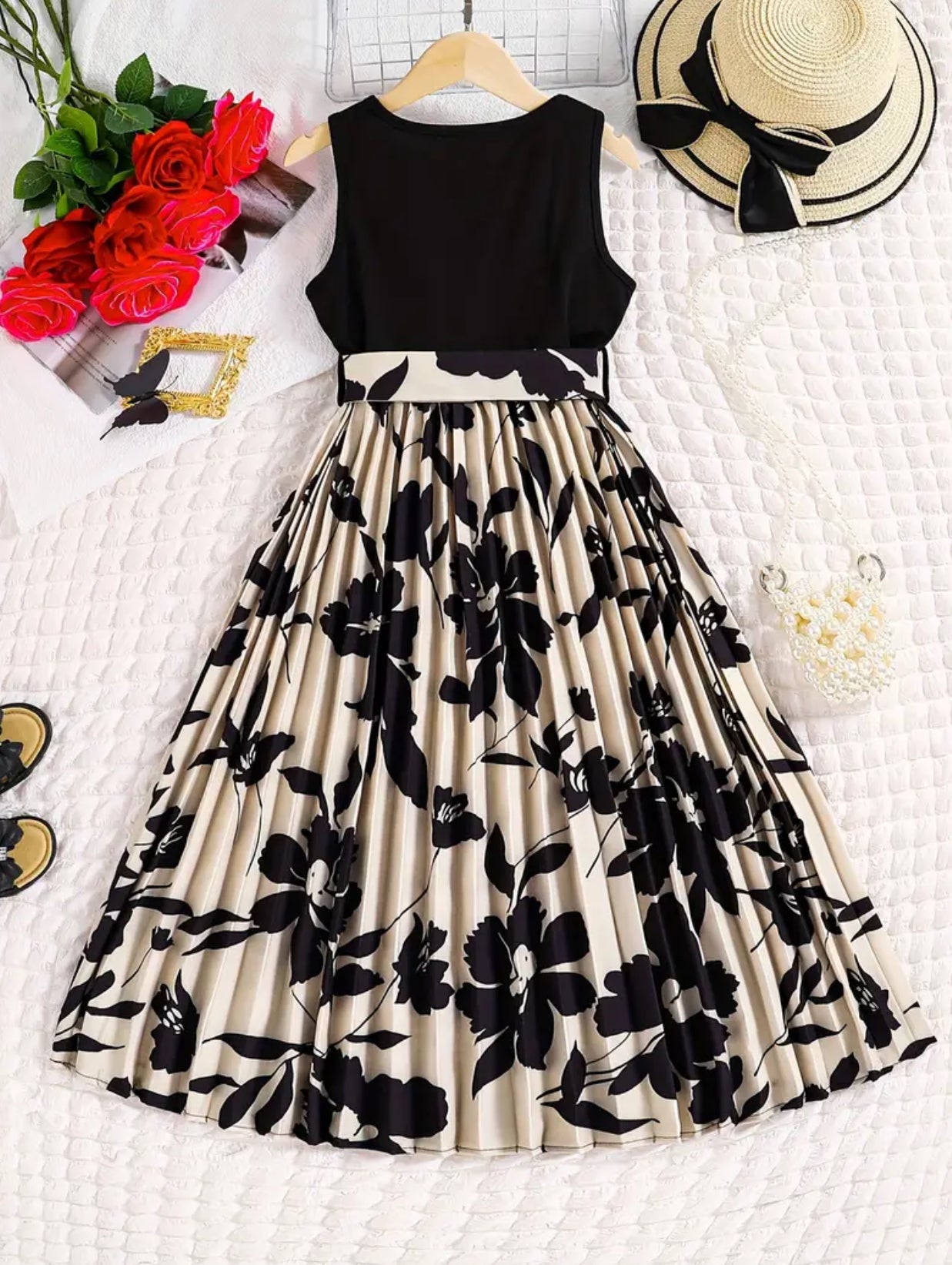 Girls, Floral Pleated Stitching Dress With Belt