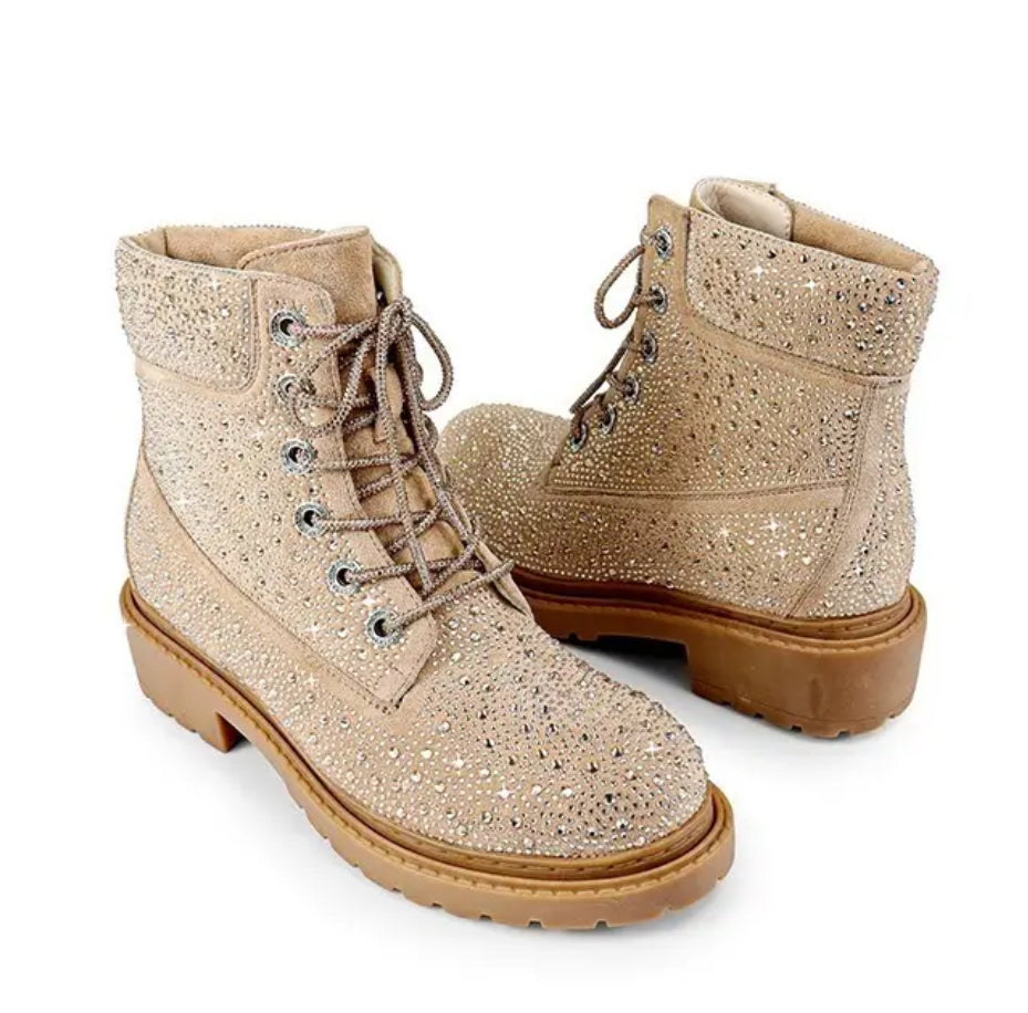 “Rhinestone Combat” Lace Up, Booties For Women