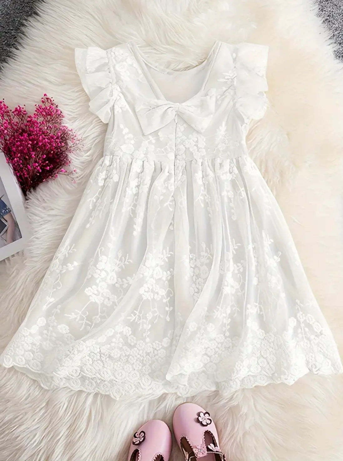 Sleeveless Ruffle Trim Embroidery Girls Dress