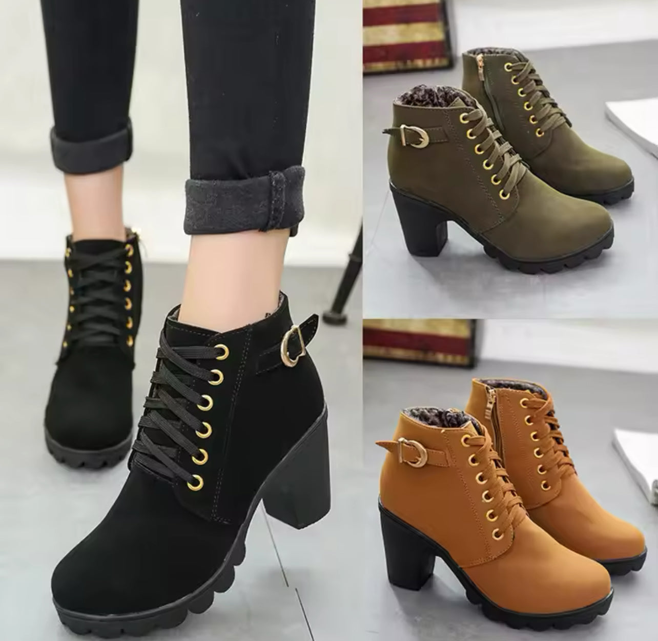 Women’s Platform Boots Buckle Decir, Side Zipper, Thick Short Heel Ankle Boot