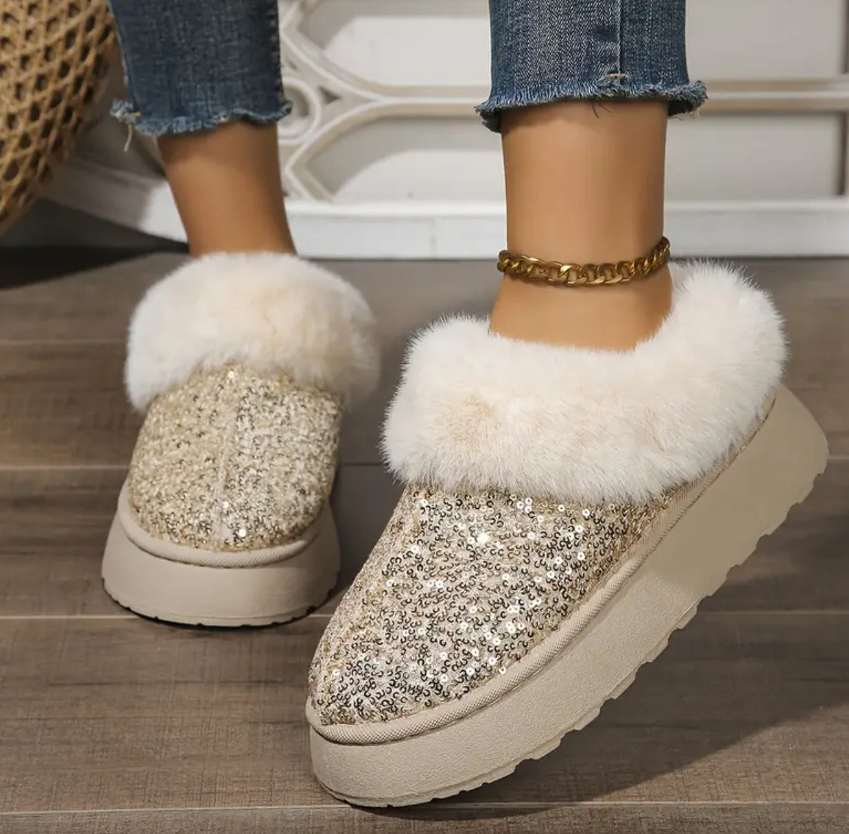 Women's Sequin Fur Lined Winter Warm Slip-On, In Door-Outdoor Slippers