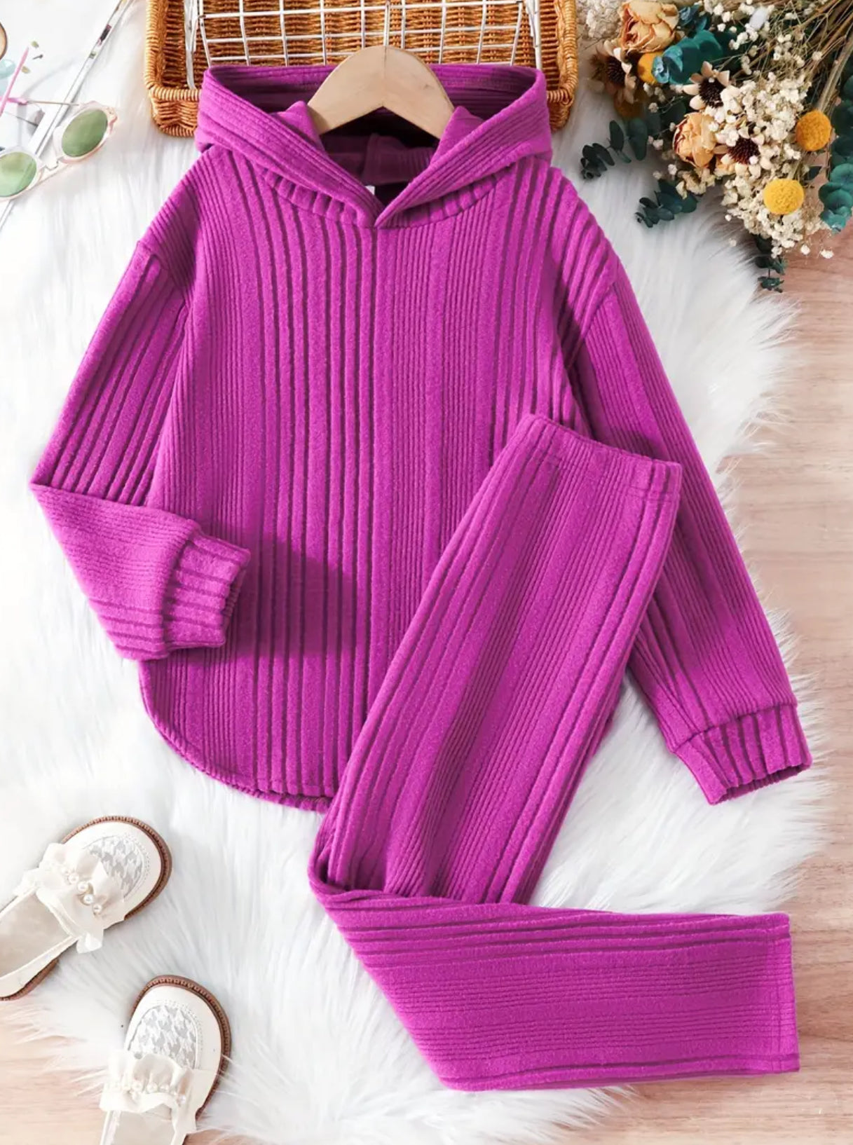 2pcs Girls Casual Ribbed Hoodies + Pants Kids Clothes