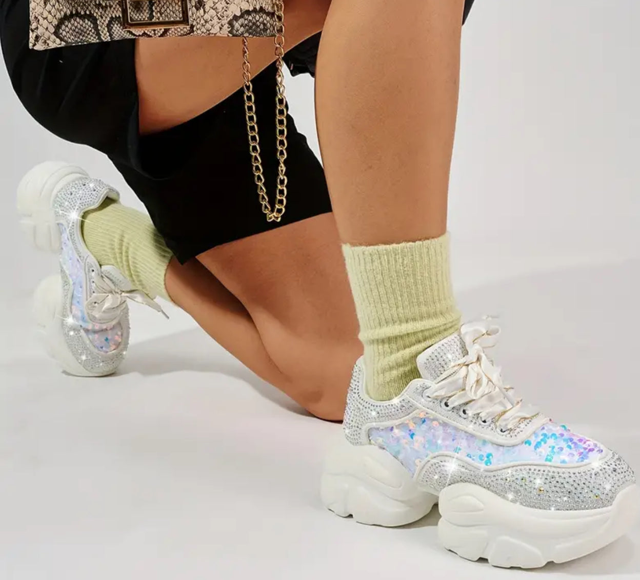 Rhinestone Sparkly Sequin White Wedge Casual Sneakers For Women