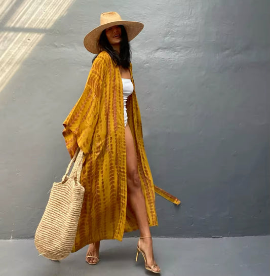 Color Wash Belted Pareo Bohemian Beach Kimono Dress