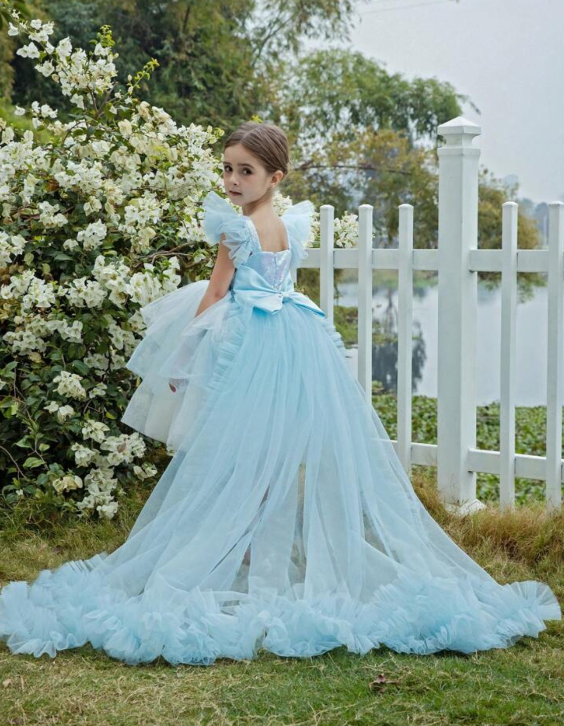 Posh 💞 Girl Princess Dress With Bow Decoration, Sequin, Mesh Tulle Train