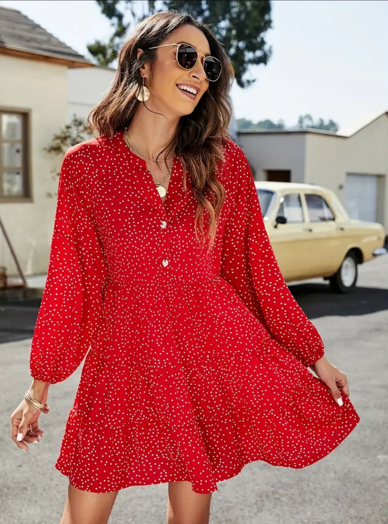 Polka Dot V Neck, Casual Button Front Ruffle Trim Lantern Sleeve Dress