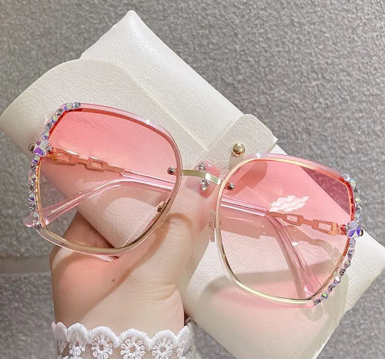 Rhinestone Rimless Fashion Sunglasses, Casual Gradient UV400