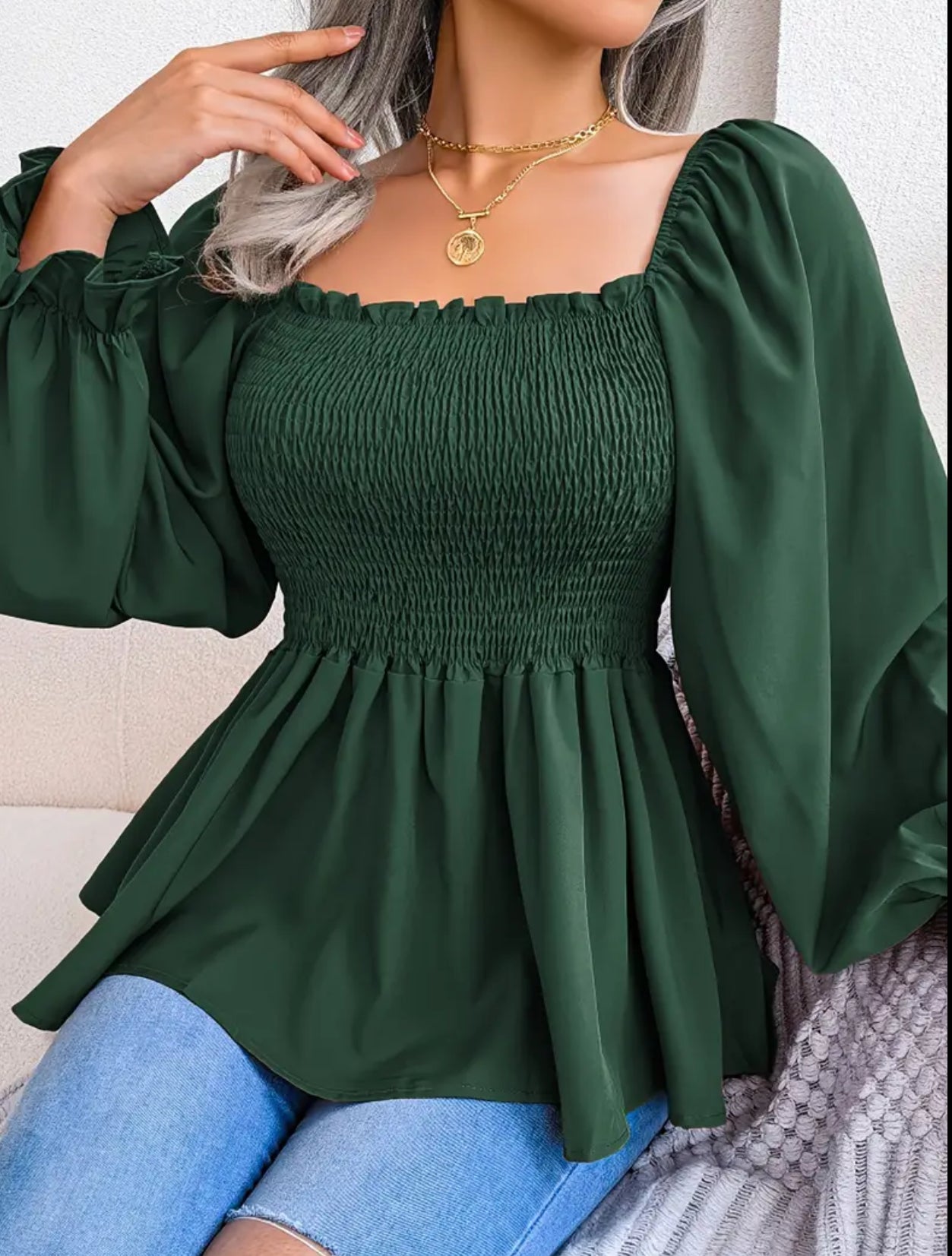 Casual Peplum Top with Lantern Sleeves