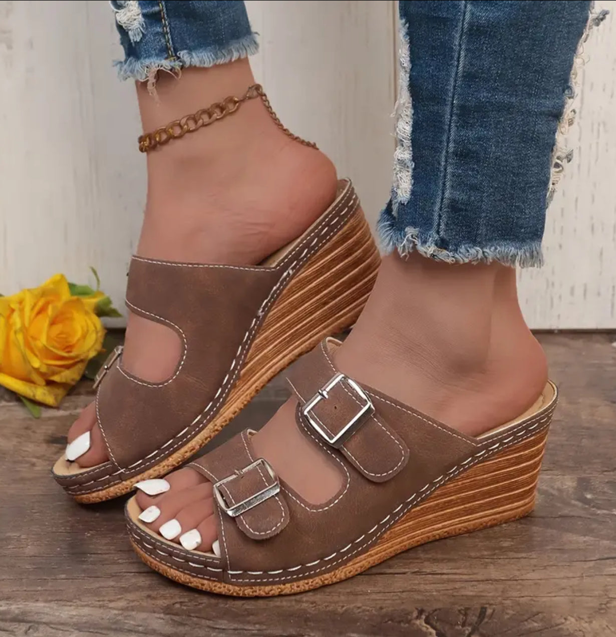 Women's Solid Color Platform Sandals - Comfortable Double Buckle Wedge Slides