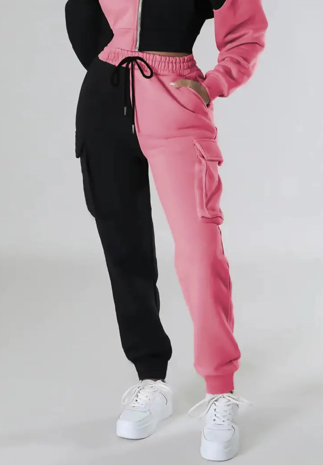 “Gemini” Casual Drawstring Pants Set, Flap Pockets, Color Block Cargo Pants