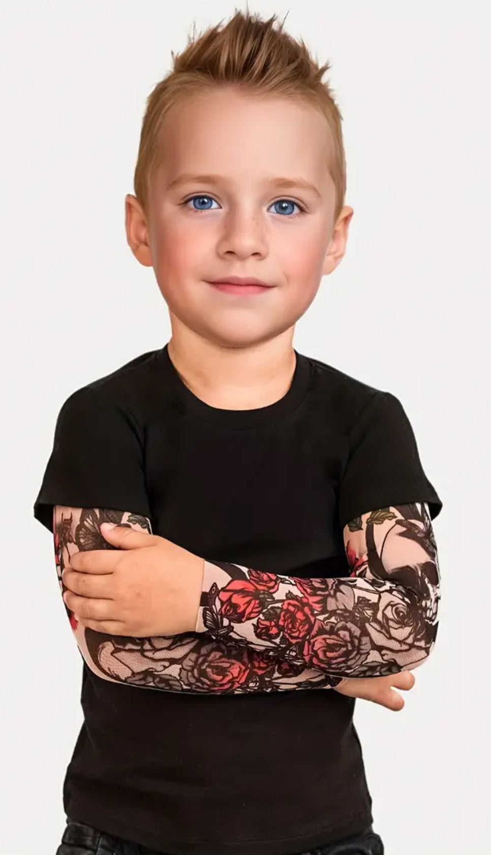 Stylish Faux, Two-piece Tattoo Pattern, Long Sleeve T-shirt For Boy's