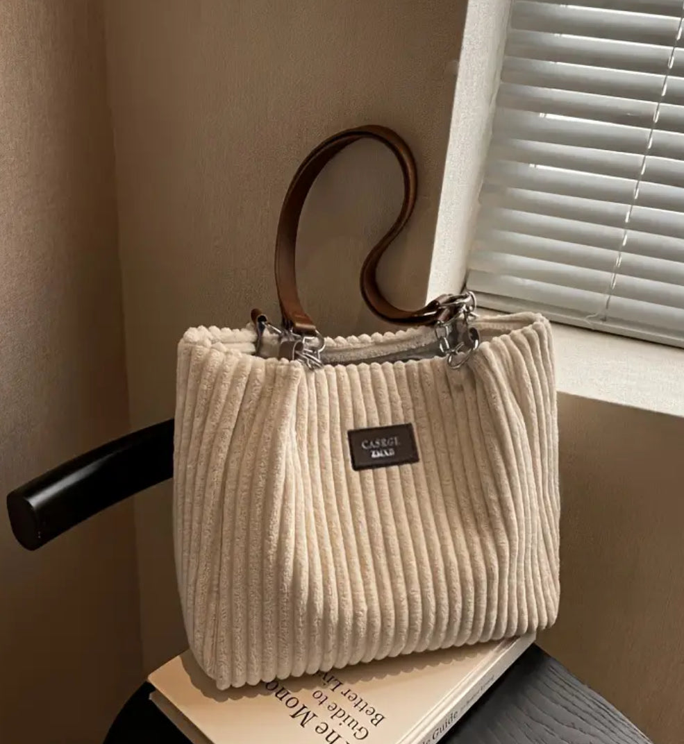 “Soft Lilibeth” Striped Corduroy Shoulder Bag with Chain Detail, Large Capacity Handbag, Soft Feel, Crossbody Carry,