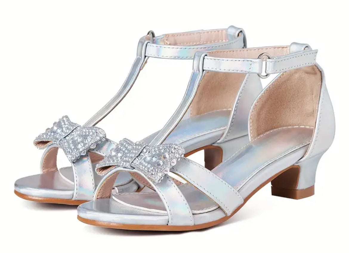 Girls Low Heels, Glittler Bow, T Strap Sparkle, Open Toe