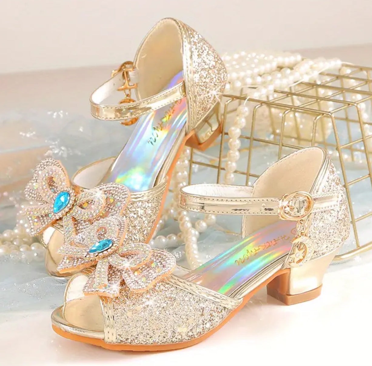 Zapatos de tacón alto con lentejuelas y diamantes de imitación para niñas 