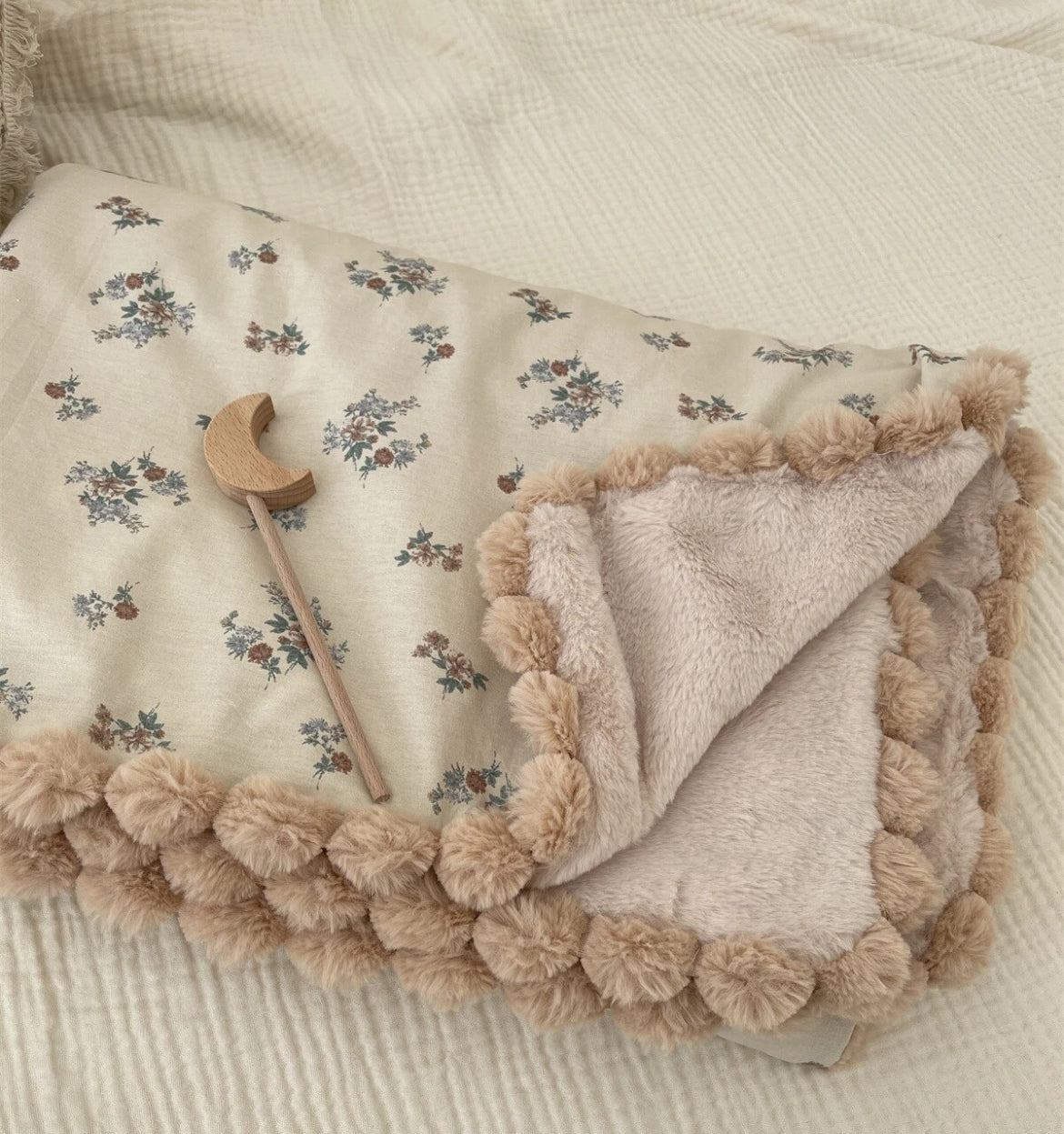 Warm Winter Baby Blanket, Pompom Blush and Blooms, Minky Quilt Bedding, 35*51 inches