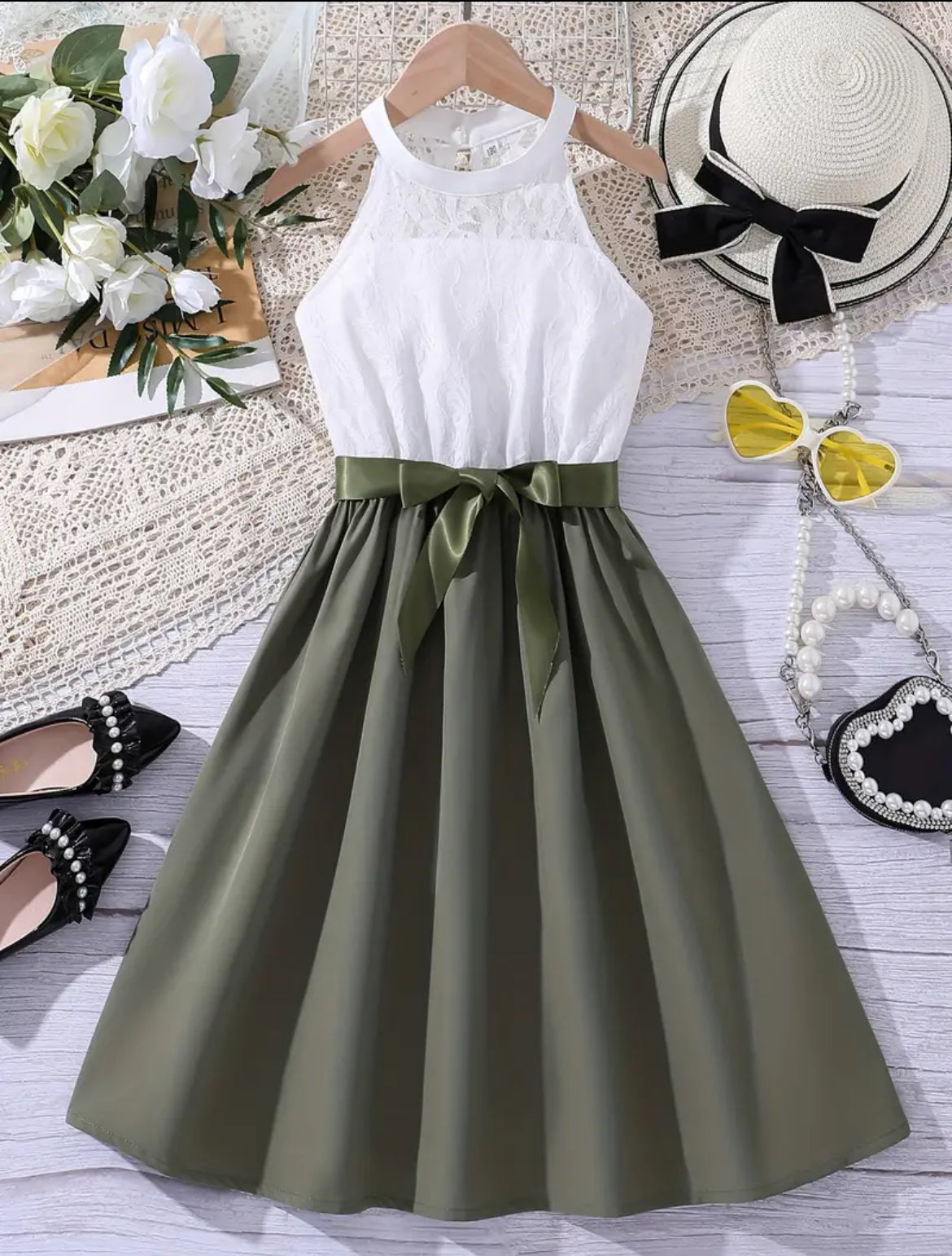 Elegant Girls Halter Neck Sleeveless Dress With Bow Belt