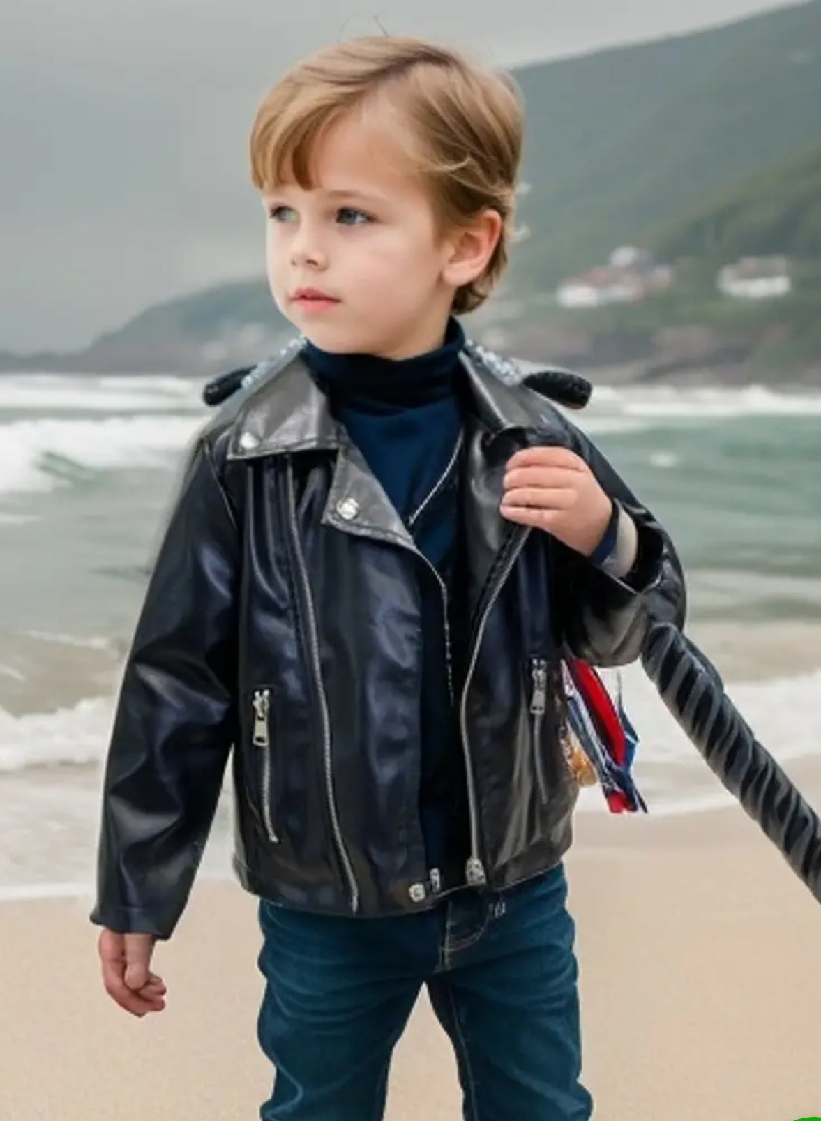 Chaqueta de moto de cuero para niños, bolsillo con cremallera, lavable a máquina, corte holgado