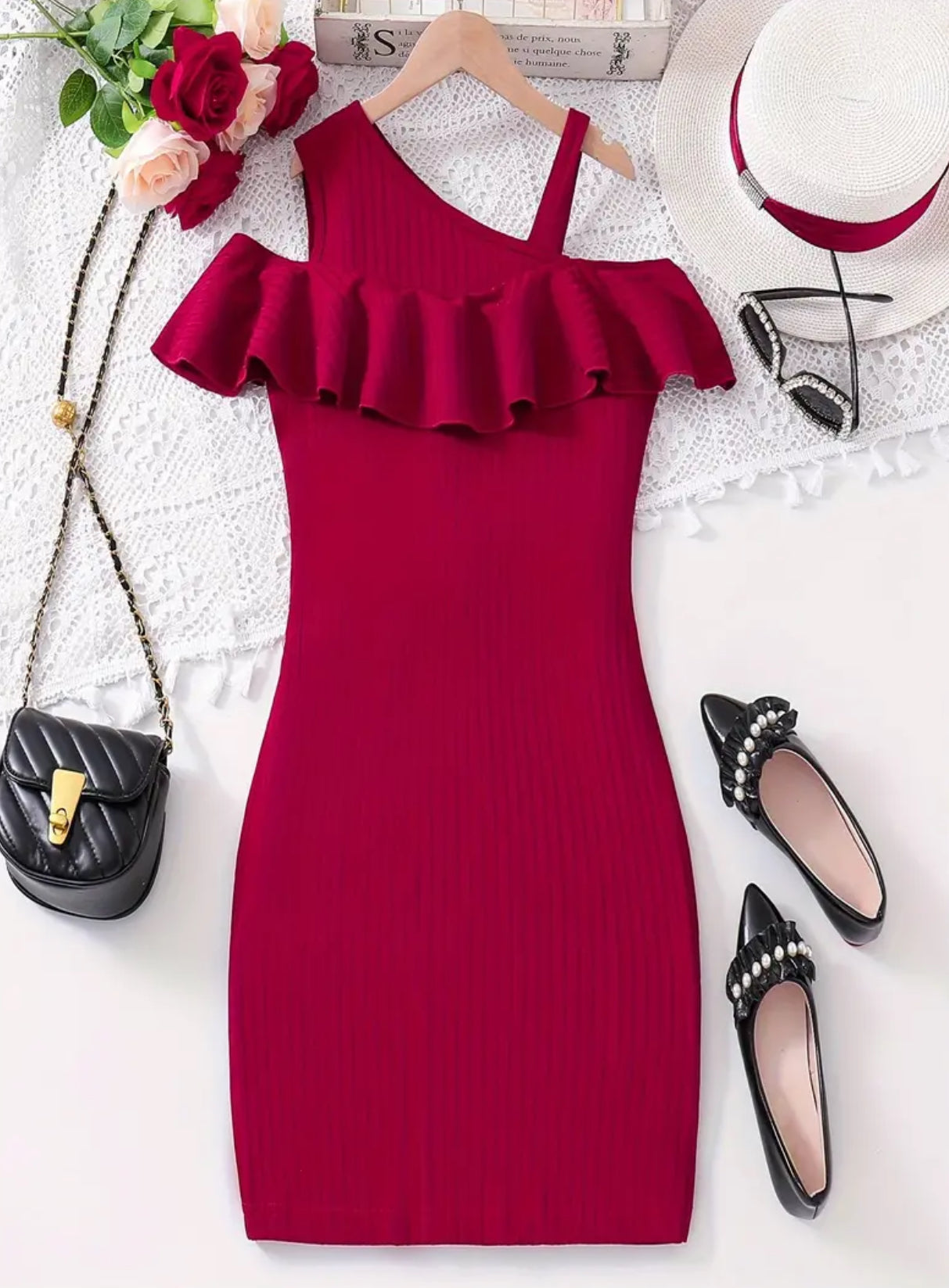 Teens, Vintage Ruffle Trim Rib-knit Bodycon Dress With Asymmetric Shoulder