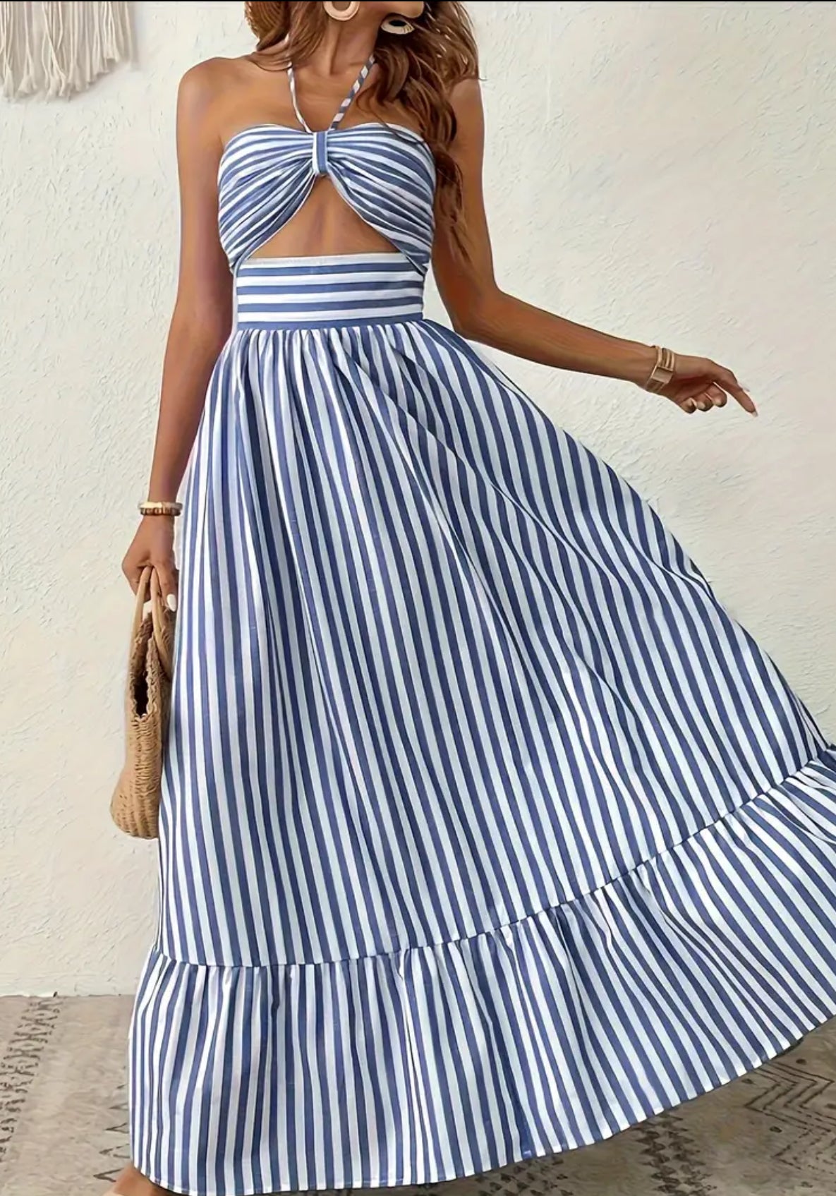 Striped Cut Out Halter Neck Dress, Vacation Style Open Back Maxi Dress