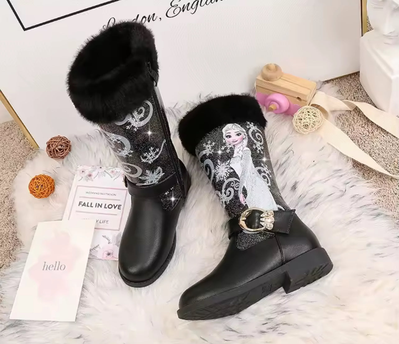 “ELSA” Tall Plush Low Heel Leather Side Zipper Boots